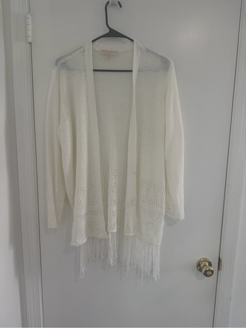 Michael Kors White Crochet Fringe Open Front Cardigan Sweater Boho Hippie XL